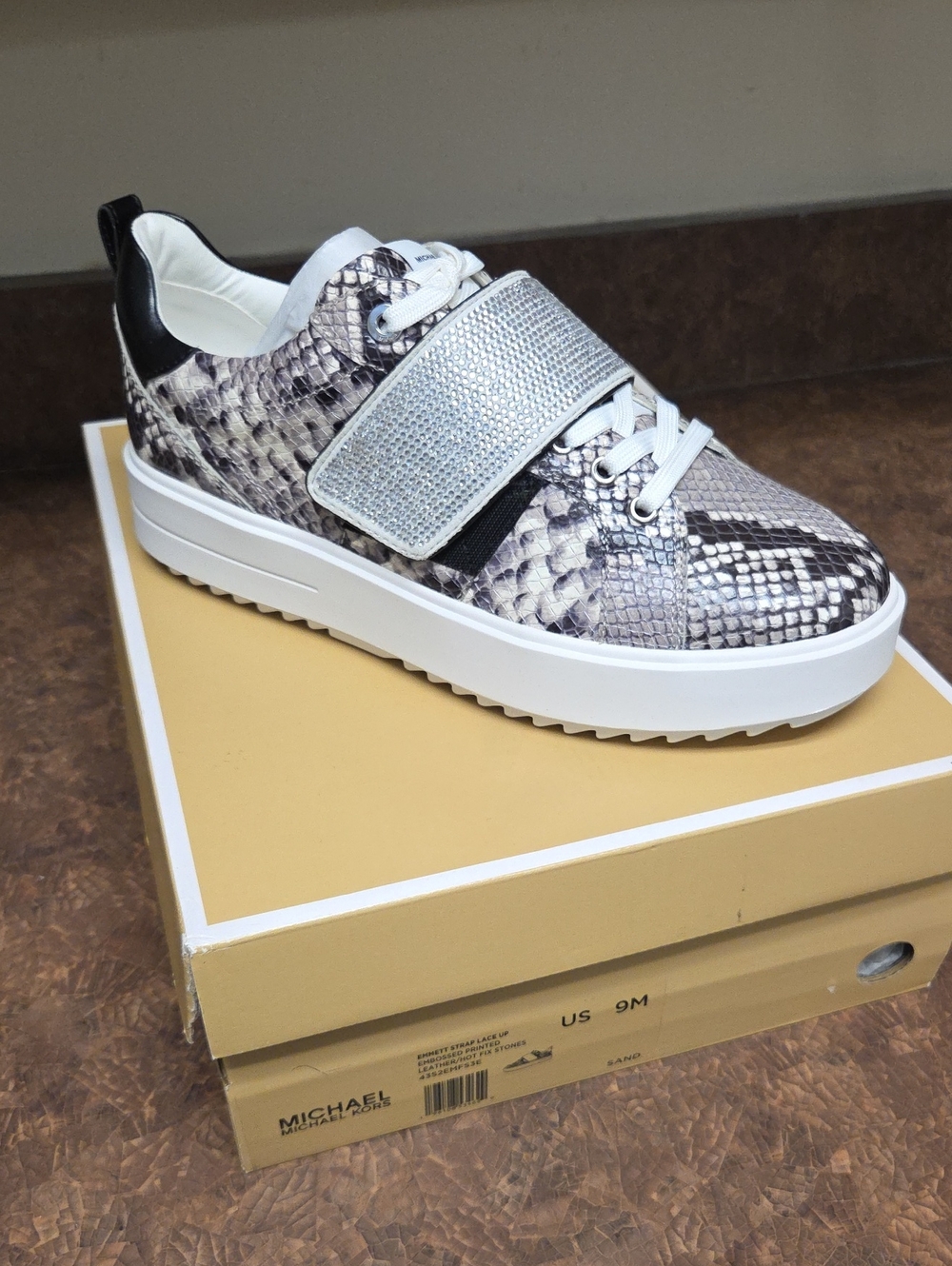 Michael Kors Snake-Print Platform Sneaker with Silver Crystal Strap